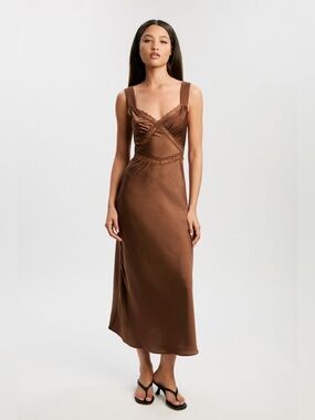 Bardot Emory Lace Slip Dress in Chocolate Brown Midi V Neck Cut-Out Satin Sz XS